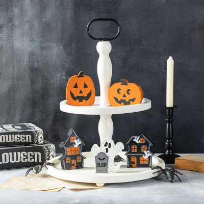 Handmade 4.75" H Wood Haunted House Pumpkin and Ghost Sign 