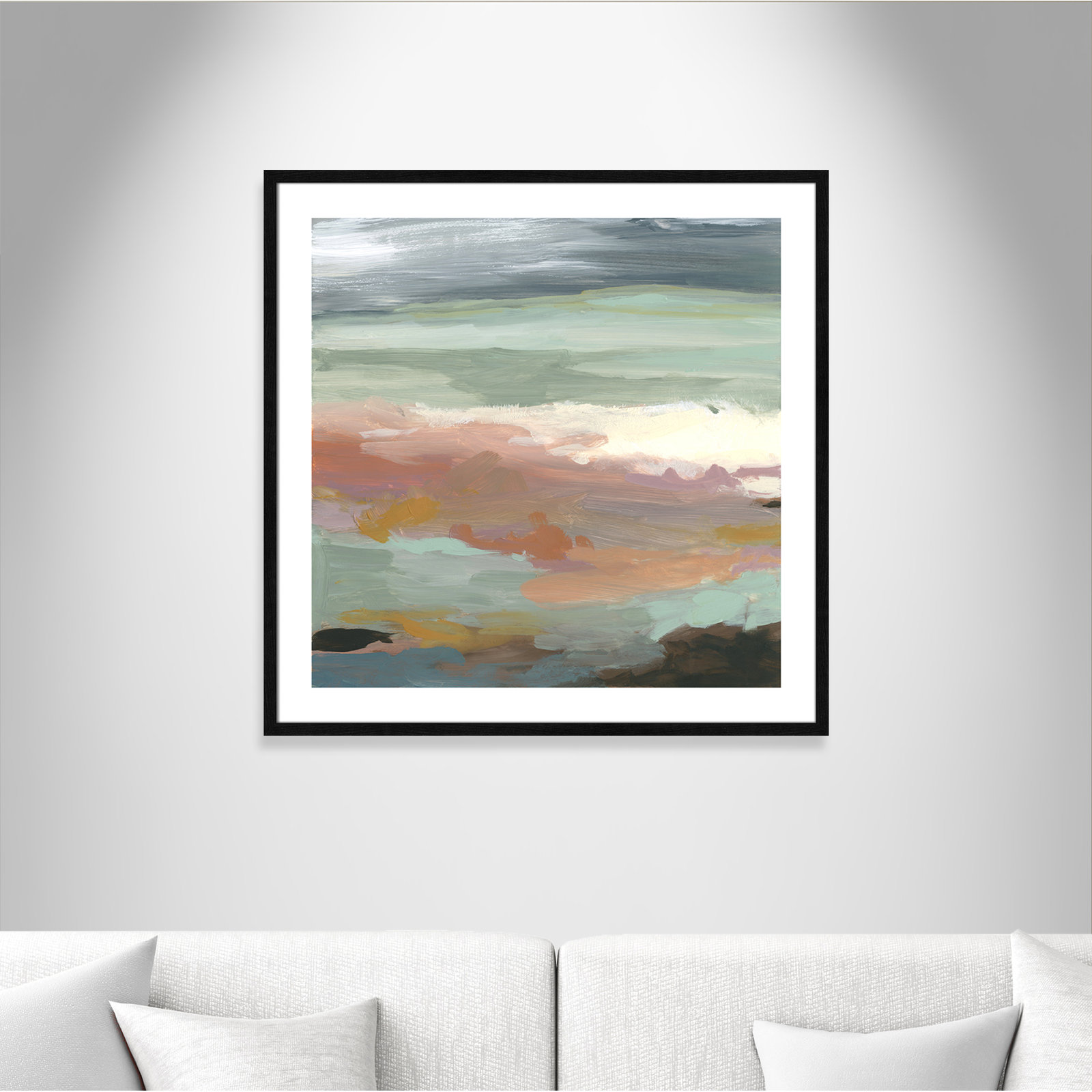 Bingham "Ocean Bluffs" Painting by Carol Robinson, Picture Framed Paper, 33.25" H x 33.25" W, Black Wood