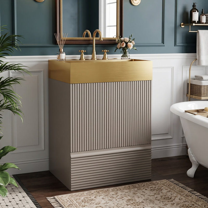 Meuble-lavabo autoportant de 20 po avec comptoir en acier inoxydable, Beige