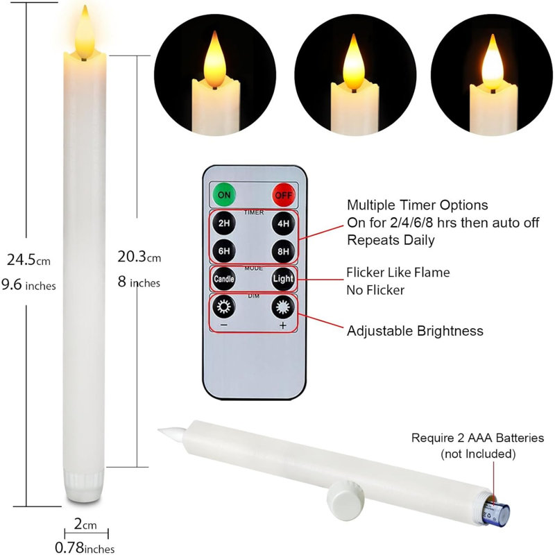 2 Pack Waxy Flameless Candles with Remote Control Timer, Flickering Battery Operated, Led Flameless Candlesticks Tall Candles for Home Decor, 9.6 inch
