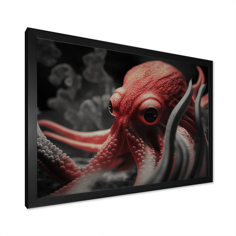 Portrait de pieuvre rouge - photographie, H 30 po x l 40 po x P 1,5 po, Cadre photo noir simple