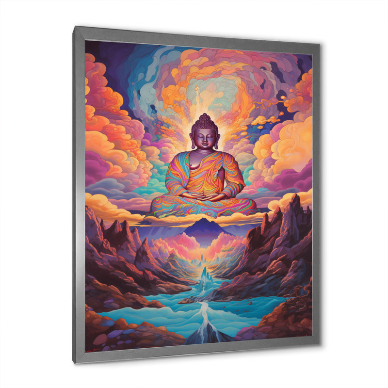 Bouddha psychédélique dans les montagnes - reproduction sur toile, Cadre simple argenté, H 40 po x l 30 po x P 1,5 po
