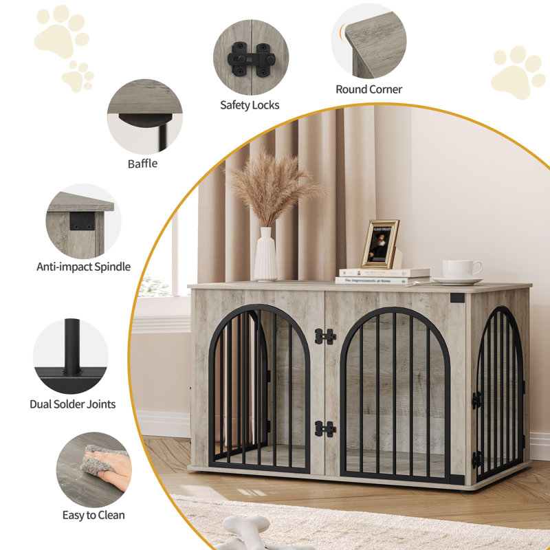 Dog Crate Furniture, 100 cm Wooden Dog Crate, Indoor Kennel for Small/Medium/Large Dogs, End Side Table Animal Crates, Anti-Chew, Anti-Escape, Arched Door Design