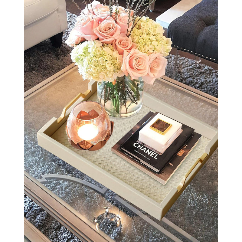 Faux Leather Rectangle Serving Tray Decor Platter with Gold Metal Handles