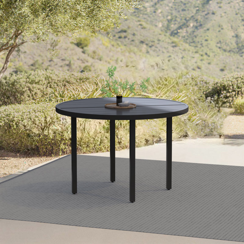 Metal Outdoor Table, Round Table for 6 with Umbrella Hole, Patio Table with Modern Minimalist Design, Black