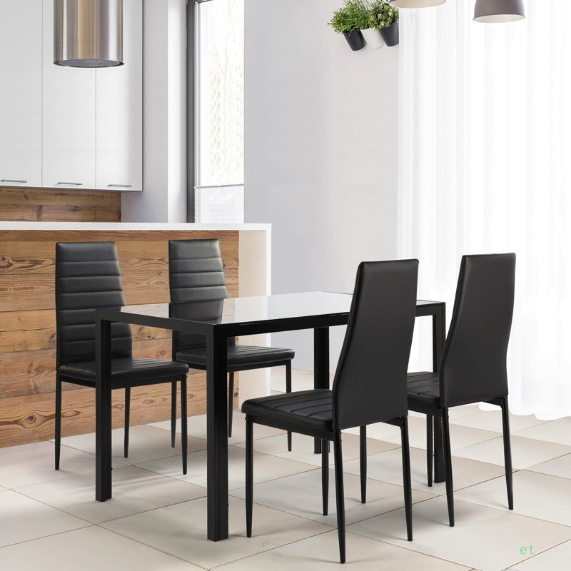 Ensemble de table de salle à manger 5 pièces pour 4 personnes, table de salle à manger en verre trempé pour la cuisine, 4 chaises en similicuir, noir