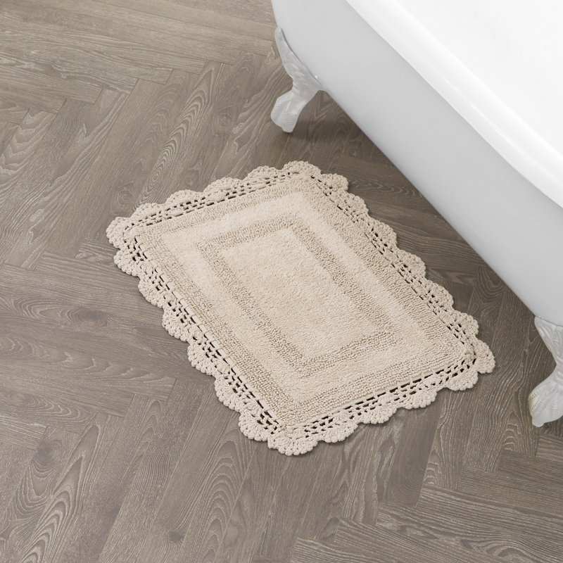 Laura Ashley Crochet Machine Washable Cotton Bath Rug, Linen, 24" L x 17" W