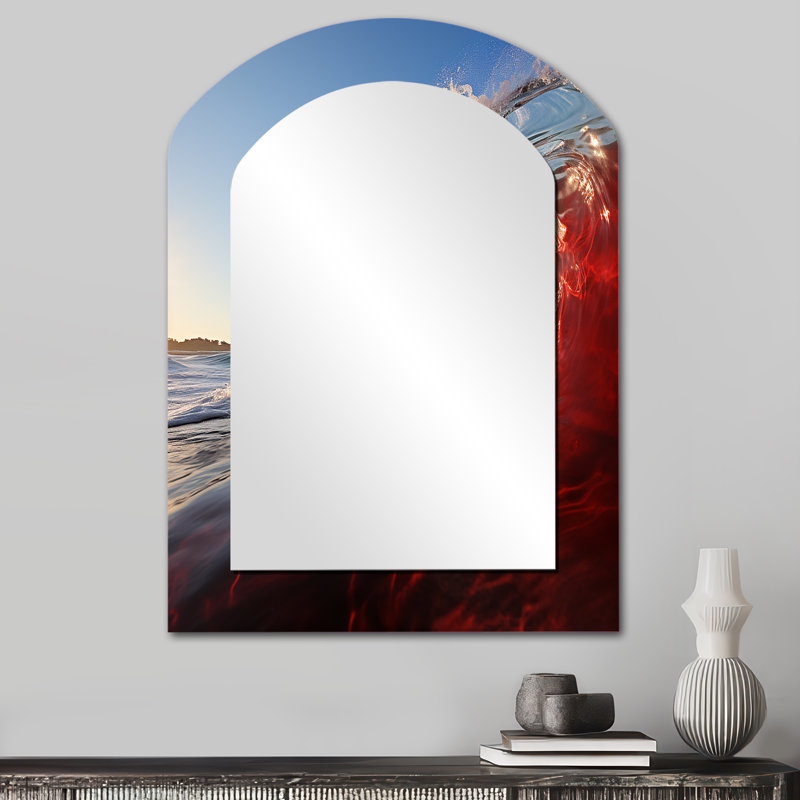 Green Red Wave Colorful Wonder I - Coastal Asymmetrical Large Wall Mirror, Green Arch Unique Mirror, Printed Metal Art