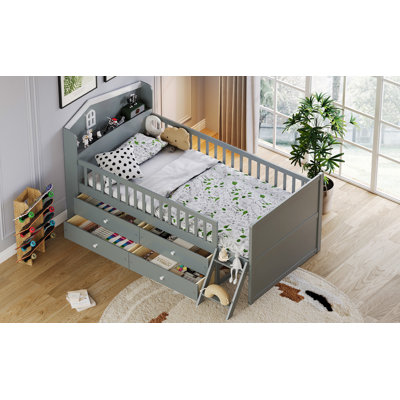 Twin Bed Frame With Storage 4 Drawers,Wooden Bed Frame For Kids,Platform Twin Size Bed With Guardrail Headboard And Ladder