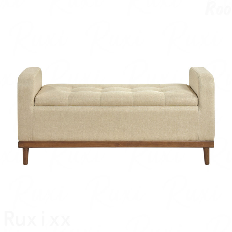 1-Piece Mid-Century Modern Bench - Light Brown Finish Solid Wood, Lift Top With Storage, Tufted Upholstered Seat, Brown
