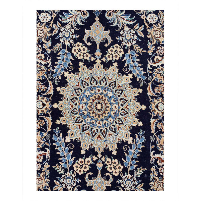 Navy Color Hand knotted Persian silk & wool Nain 3'4"X 4'11"