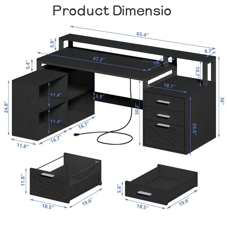Ravleen 66'' W L-Shaped Computer Desk with Cube Shelves and Cabinet, Black