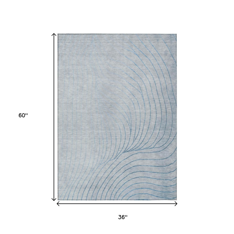 3' X 5' Sky Blue And Silver Abstract Washable Indoor Outdoor Area Rug
