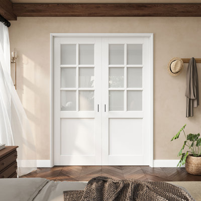 Porte française en verre givré 6-Lite 56 po x 56 po avec charnières argentées, dalle de porte en verre avec cadre, porte intérieure française comme porte de garde-manger, porte de chambre à coucher, porte de buanderie, portes de placard, portes de pièce, loqueteau et poignée de porte inclus