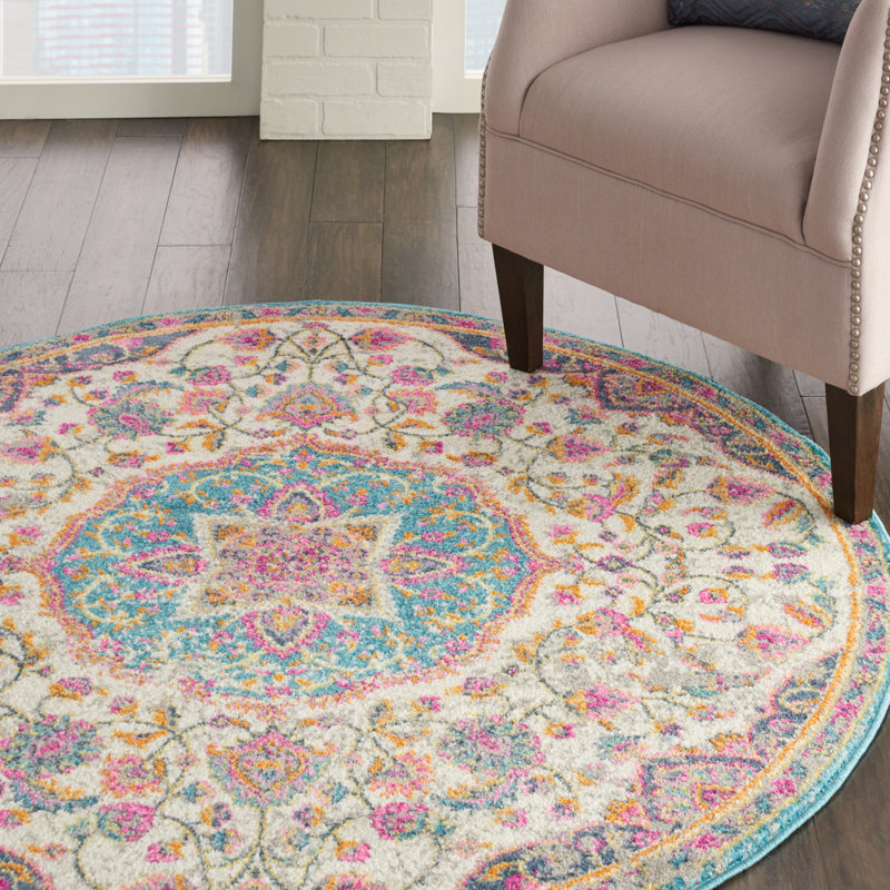 Tapis oriental ivoire / rose / bleu Verda, Rond 8 pi