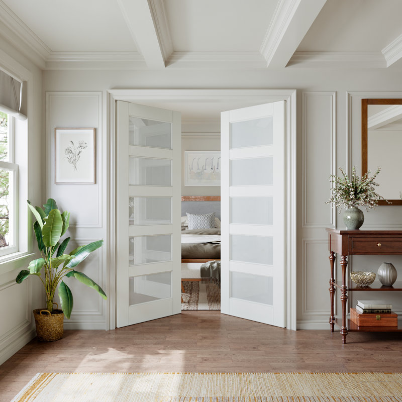 Intérieur de la porte en verre givré 5-Lite, porte en dalle française apprêtée à noyau solide, verre trempé certifié SGCC, pré-fini et facile à faire soi-même en satin, sans quincaillerie, garde-manger, chambre à coucher, salle de bain et garde-robe "x 96"