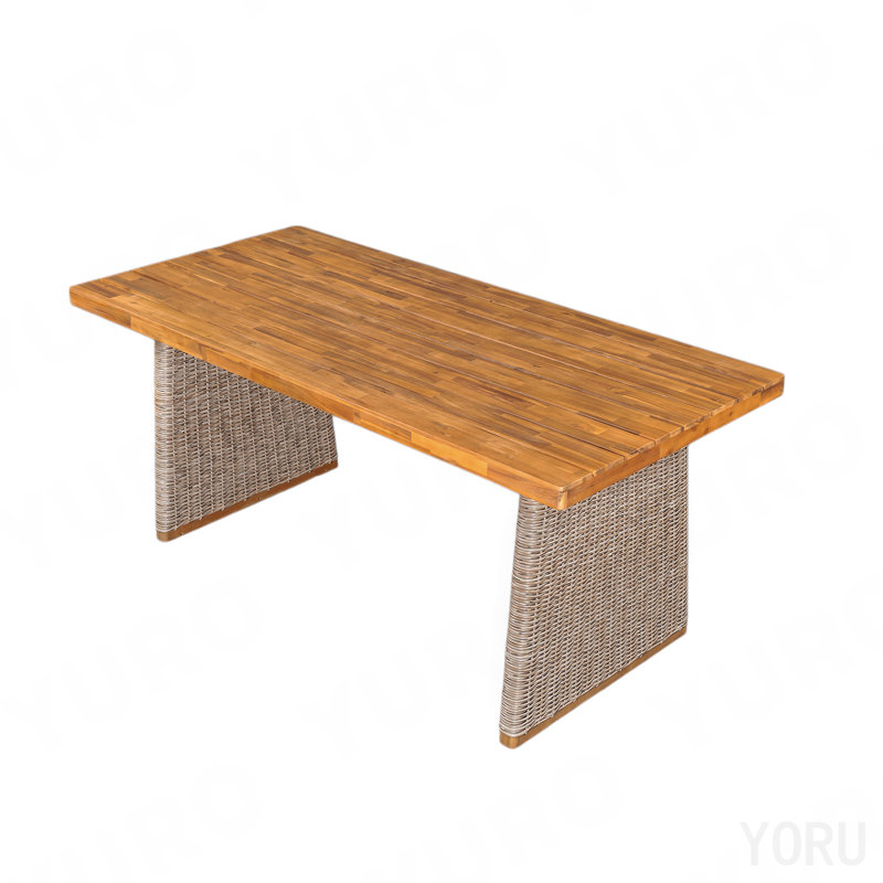 Table de salle à manger d'extérieur en bois d'acacia avec finition en teck et accents en osier brun | Idée de cadeau, Brun