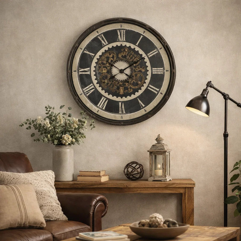 Wall Clock, Gear Face Design, White And Dark Brown Frame, 30 Inch