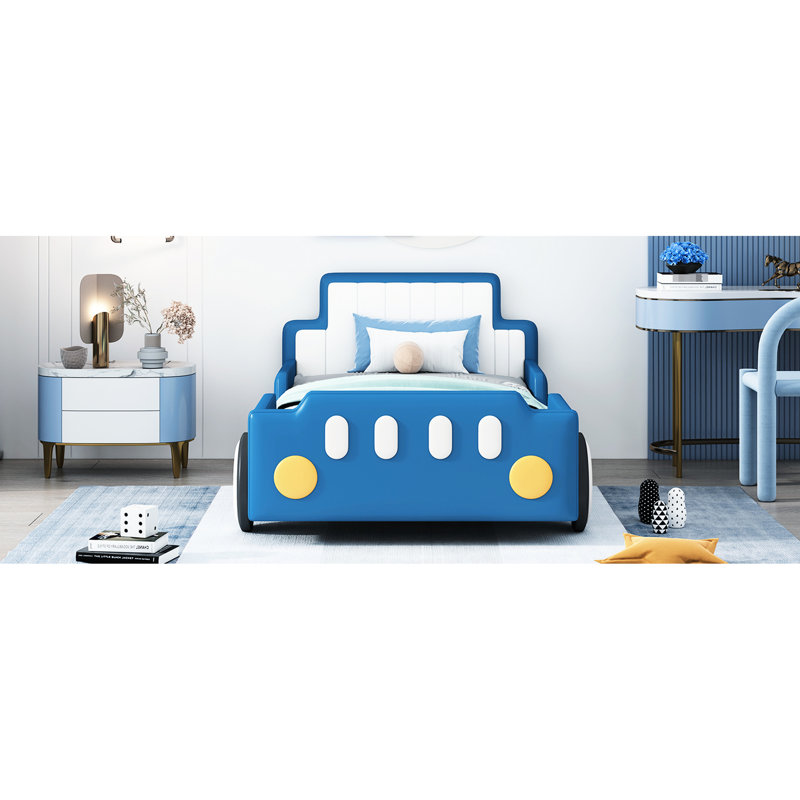Lit simple avec roues en forme de voiture de course, bleu, assurant des roues de sommeil saines et reposantes, couleur bleue, offrant une expérience de sommeil confortable