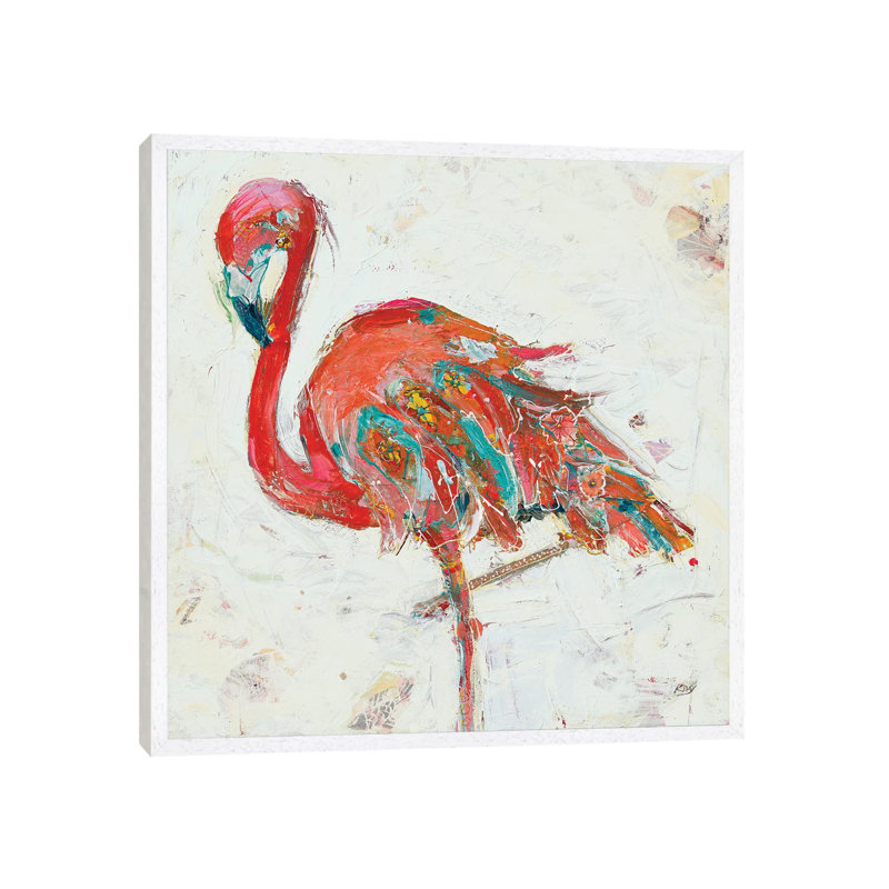 Flamingo On White by Kellie Day - Painting on Canvas, White Framed, 66.04cm H x 66.04cm W x 3.81cm D