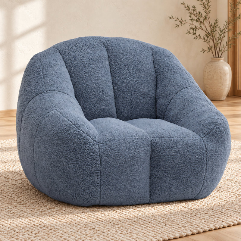 Compression 39"W Soft Teddy Fabric Tufted Memory Sponge Foam Filled Bean Bag Chair, Light Blue Teddy