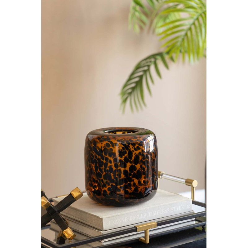 Vase en verre 7,9X7,9 "brun et ambre avec motif guépard