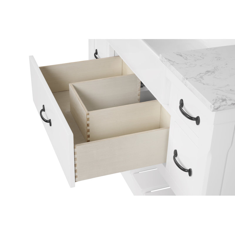 Meuble-lavabo simple 48 po avec lavabo et dosseret en pierre d'ingénierie Dilkhush, blanc tourterelle, pré-assemblé, Blanc