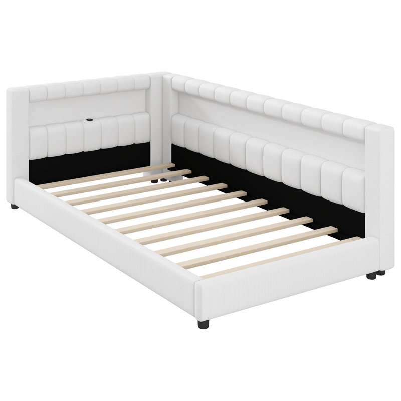 Lit plateforme tapissier avec ports USB et ceinture à DEL, Simple extra long, Blanc, crème