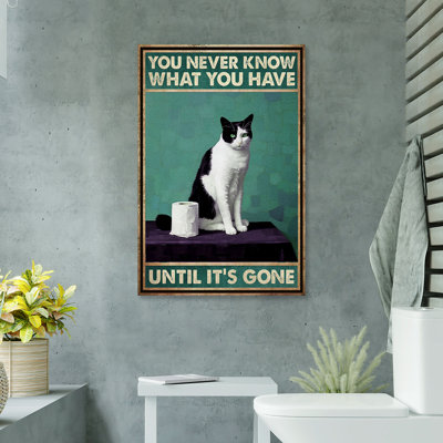 Black White Cat - You Never Know Until It's Gone Gallery Wrapped Canvas - Bath And Laundry Pet Illustration Decor, Black And White Bathroom Decor