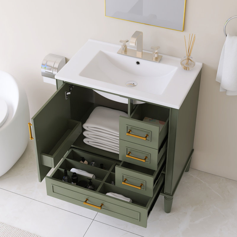 Meuble-lavabo autoportant simple avec plateau en céramique intégré blanc, Vert olive