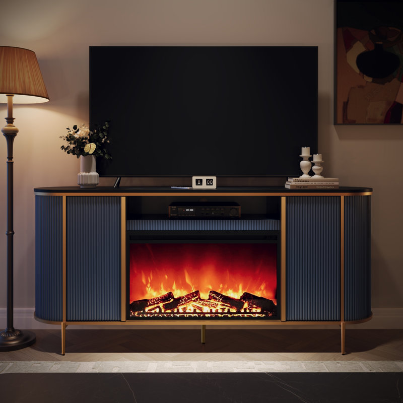 70" Fluted Fireplace Tv Stand - Faux Marble Top Modern Media Console, Navy Blue