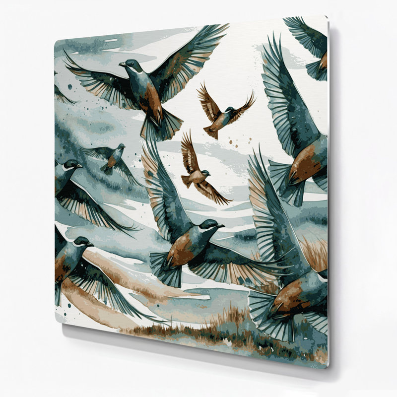 Birds Green winged Teal Brown Metal Wall Art, 144" H x 144" W x 0.05" D