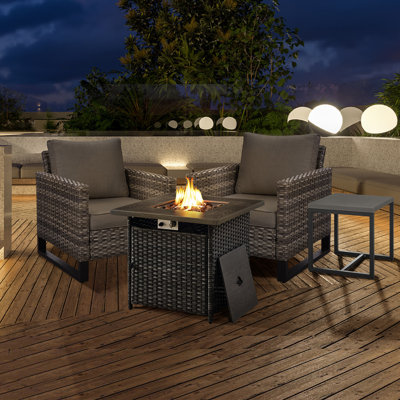 Naresa 4-Piece Outdoor Furniture Set  2 Patio Chairs, Fire Pit Table & Side Table, All-Weather PE Wicker