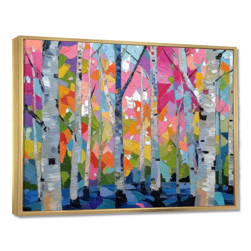 «Pink Orange Vibrant Birch Forest», impression d'art sur toile rose nature, H 12 po x l 20 po, Cadre flottant, Doré