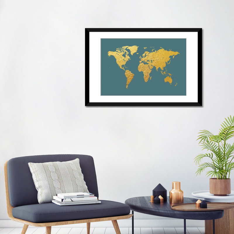 Carte du monde : feuille de couleur dorée sur toile tendue, H 24 po x l 32 po x P 1 po, Papier d'art encadré noir, Blanc