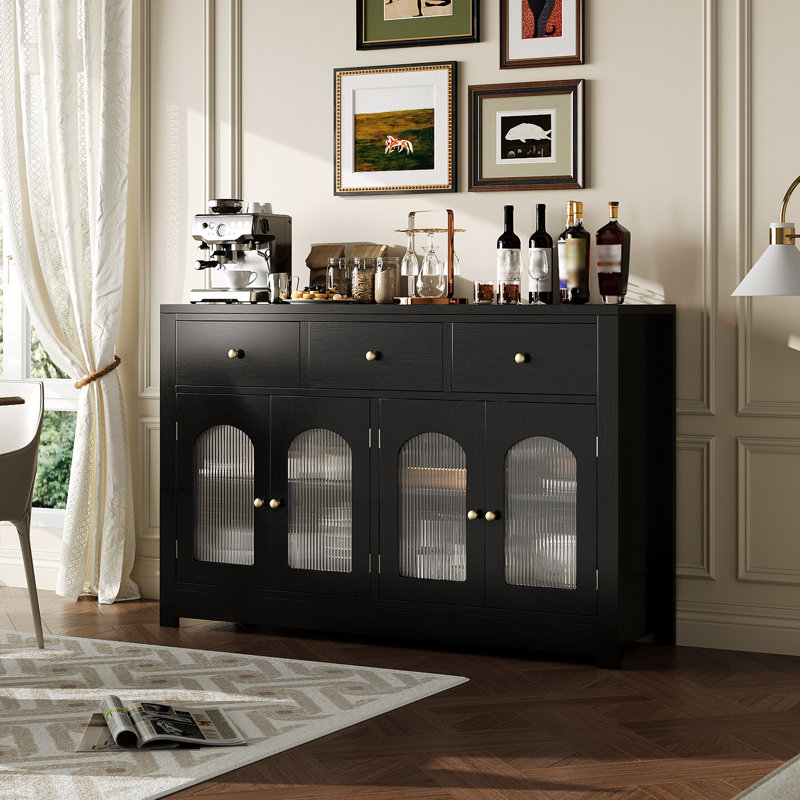 Buffet Farmhouse, armoire vitrine avec tablette réglable, Noir, noir, noir, noir
