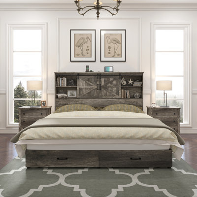 Tryston Sherell Wooden Bookcase Queen Bed Frame, Rustic Grey