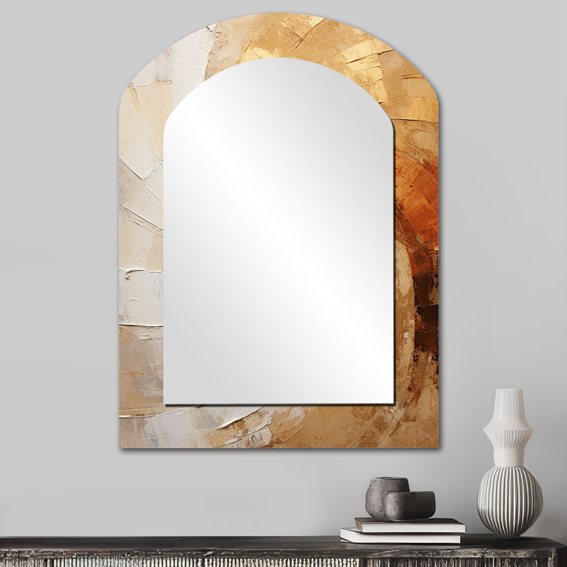 Gold Beige Spiral Poteries - Abstract Spirals Arch Mirror, Beige Asymmetrical Decorative Wall Mirror, Printed Metal Art