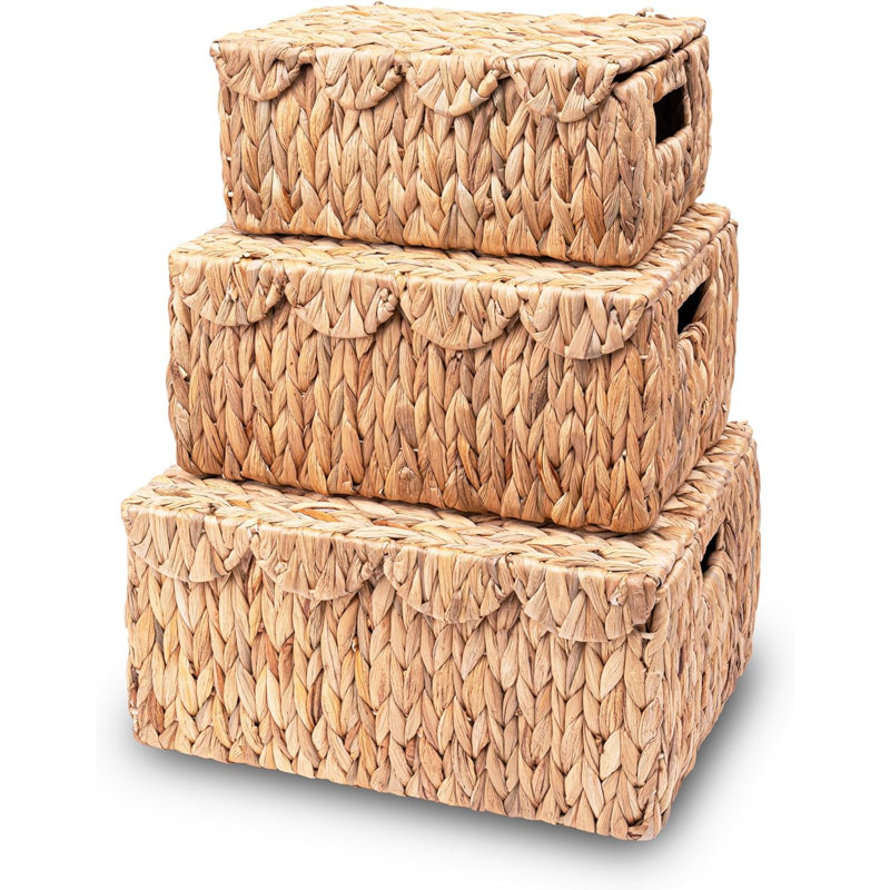 Ensemble de 3 paniers de rangement en osier festonné avec couvercle, panier de rangement rectangulaire en osier avec poignées intégrées