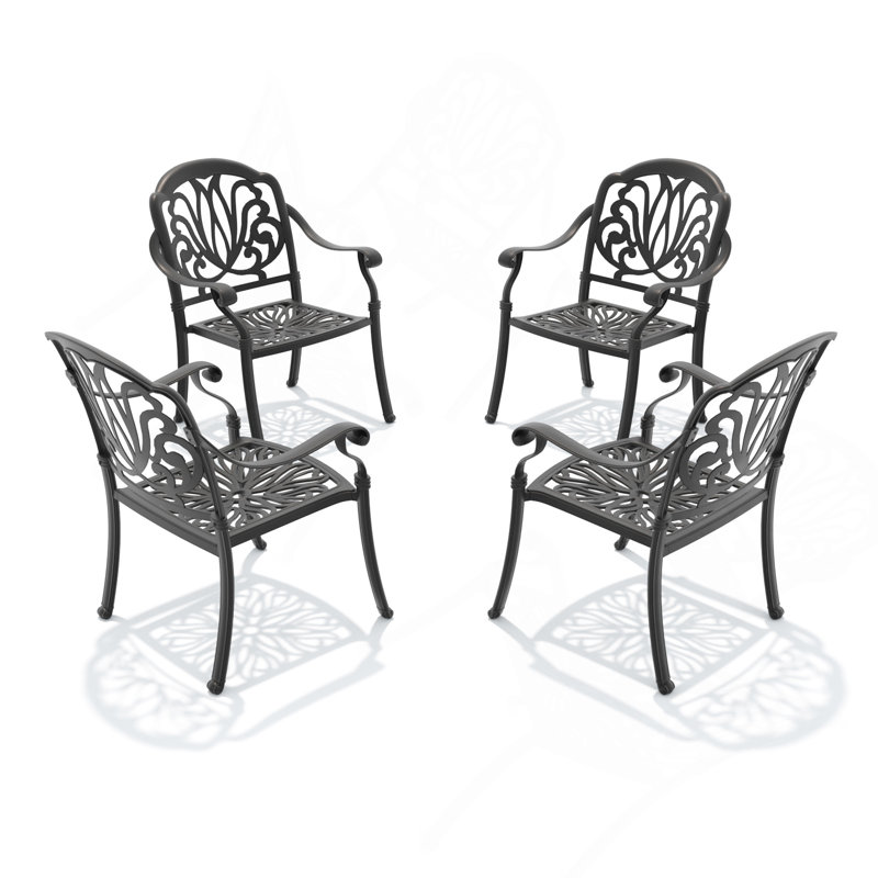 Chaise de patio en fonte d'aluminium 4 pièces avec structure noire et coussins bruns