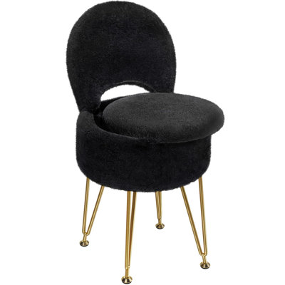 Faux Fur Vanity Stool With Storage And Folding Backrest 13X13x17.7 Inch Black Padded Seat For Bedroom Teen Girl Makeup Area