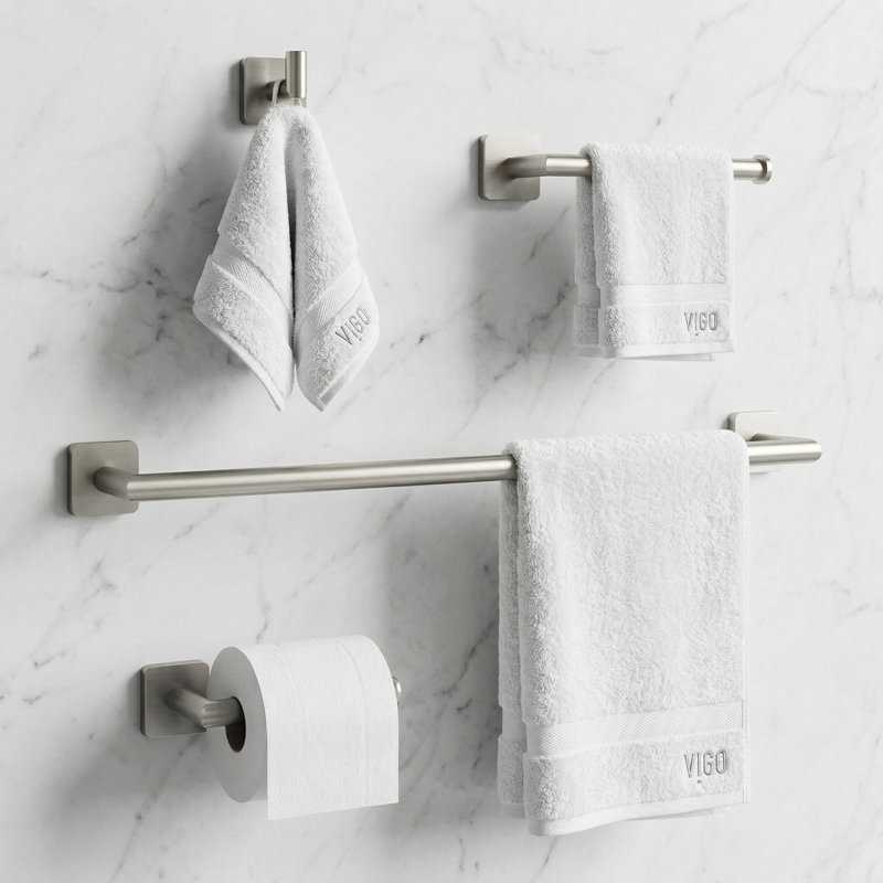 VIGO Satro 4-Piece Brushed Nickel Bathroom Hardware Set with 24-in Towel Bar, Toilet Paper Holder, Hand Towel Holder and Hook