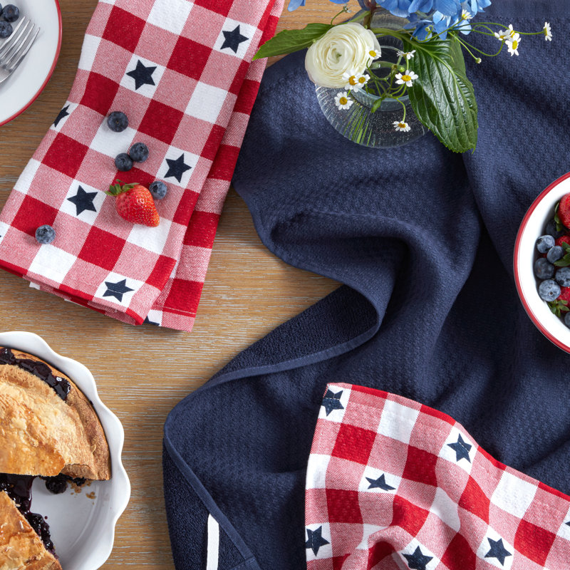 MARTHA STEWART Americana Star Gihgham Kitchen Towel Set, Red/White/Blue