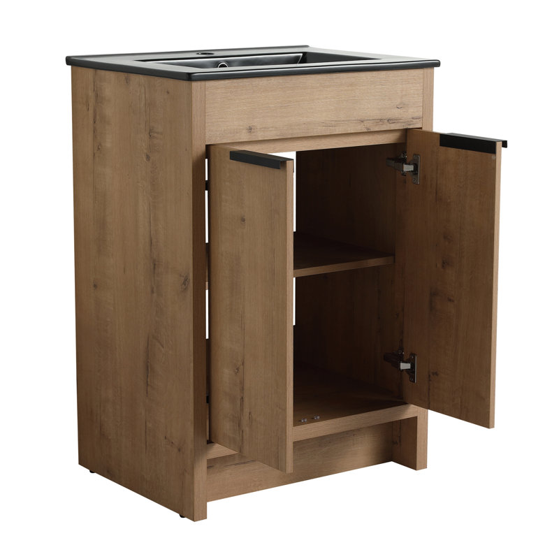 Meuble-lavabo autoportant avec lavabo en céramique et 2 portes d'armoire à fermeture en douceur, Imitation chêne