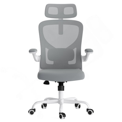 Ergonomic Office Chair With Adjustable Headrest, Lumbar Support, And Flippable Armrests For Comfortable Home Or Office Use, White & Gray