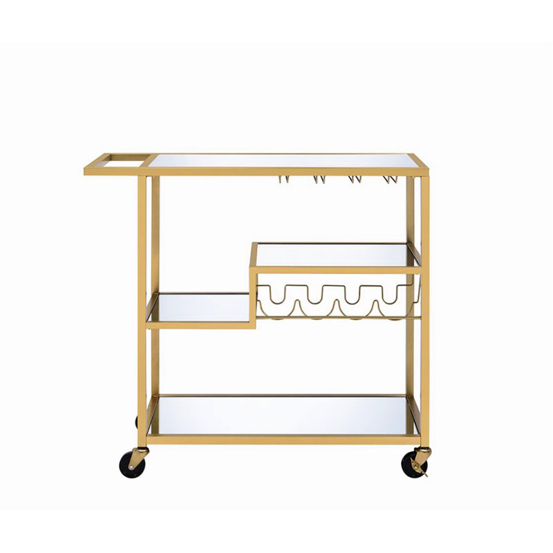 Mirrored & Champagne Finish Serving Cart For Home Entertainment, 5mm Mirror Top Shelves, Metal Frame, Wine Bottle/stemware Rack, Caster Wheels, 3 Open Compartments, 70lbs Weight Limit, 40lbs Shelf