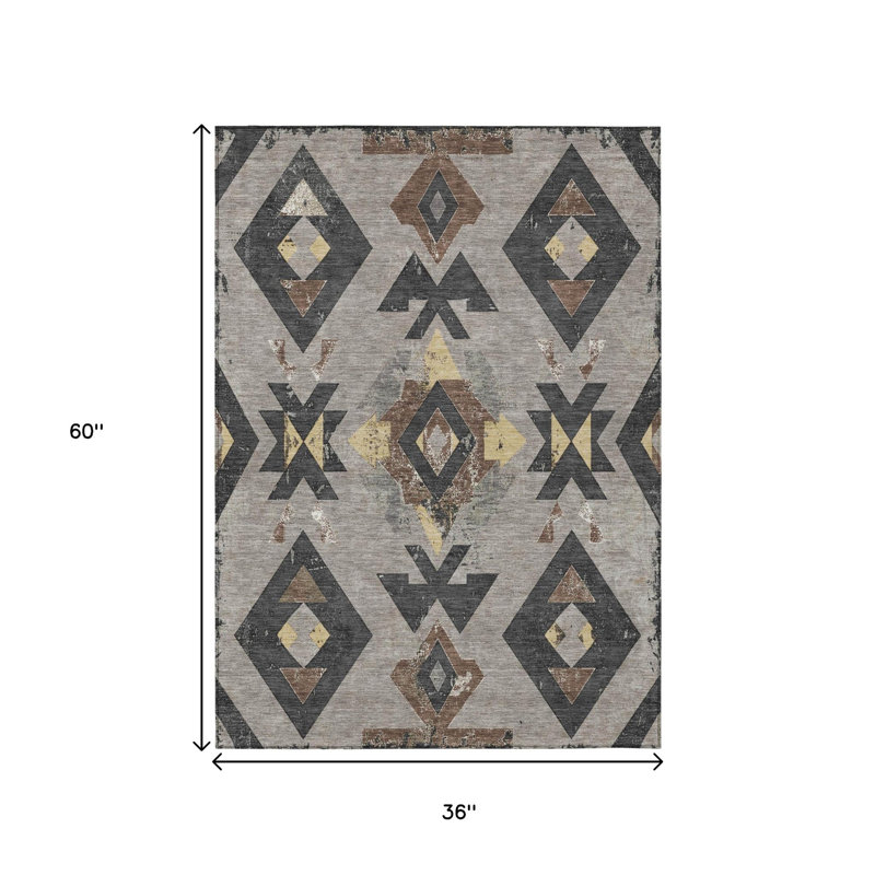 Tapis intérieur/extérieur lavable, 90 x 150 cm, taupe, anthracite et blé, à motifs aztèques.