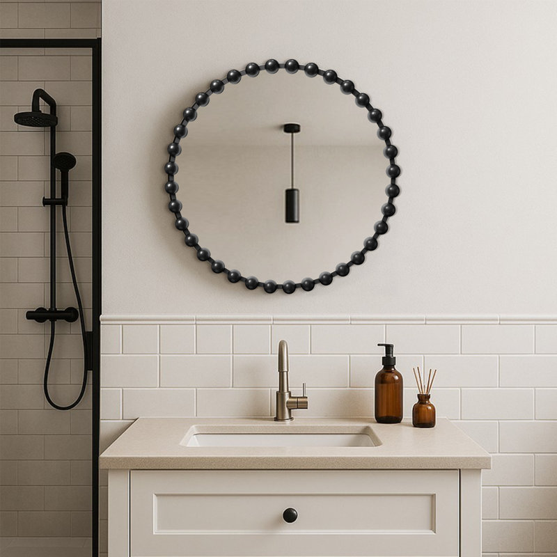 Miroir mural rond en fer, adapté au vestibule, au salon, à la chambre à coucher et à la salle de bain., 27 po x 27 po, Noir