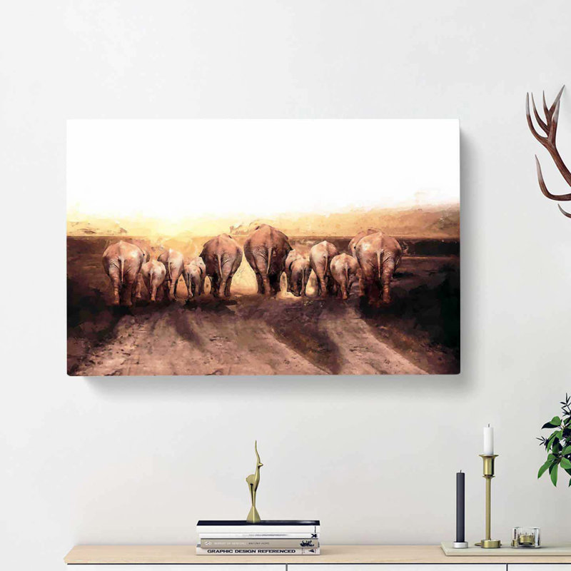 Herd Of Elephants On A Dusty Road In Abstract - Wrapped Canvas, 35cm H x 50cm W x 3cm D