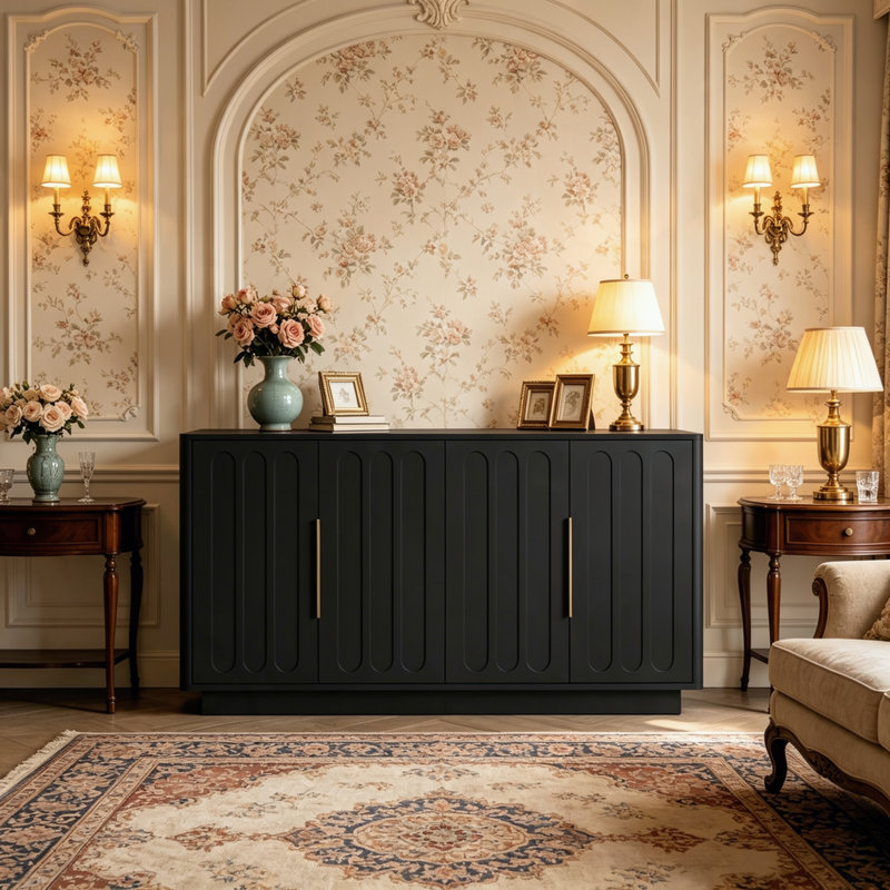 Buffet/meuble console moderne noir cannelé de 140 cm de large, style Art déco, avec grand espace de rangement dissimulé et étagères réglables pour cuisine, salle à manger ou salon.